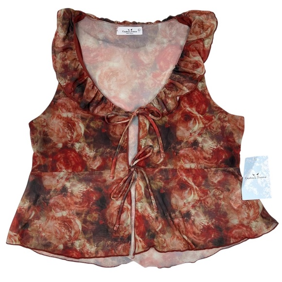Mesh Tie Front Rose Print Tank Top by Rebellious Dreamer - Size L - Picture 1 of 5